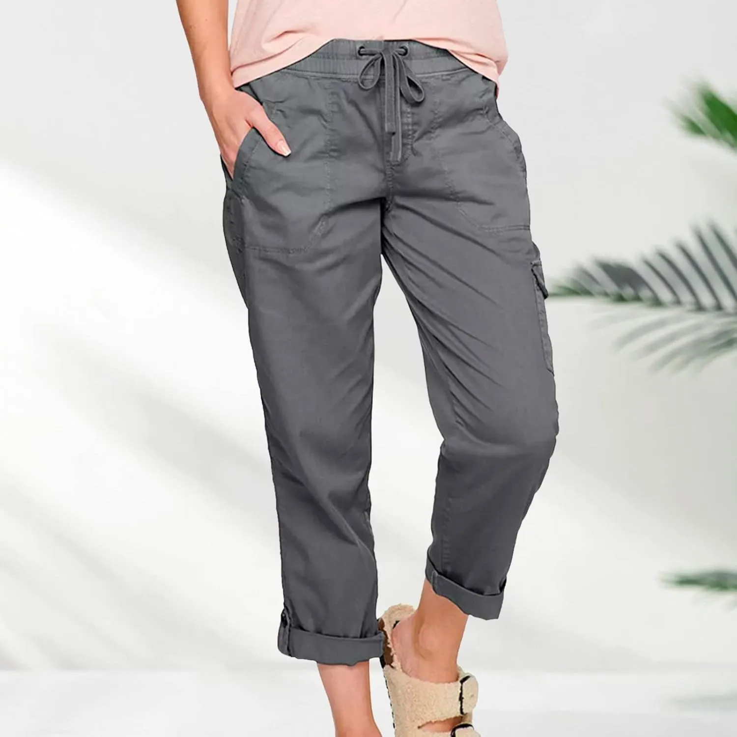 Yoga Dress Pants for Women Casual Work Business Pants Elastic Waist Plaid Pants Solid Color Travel Trousers