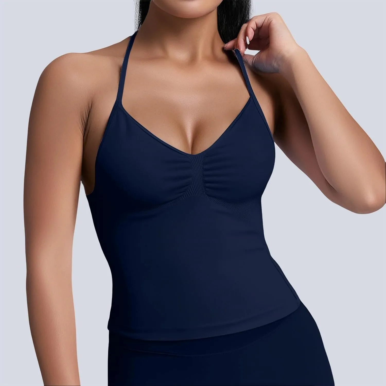 Yoga Tops for Women Built in Bra Summer Halter Backless V Neck Shelf Bra Camis Yoga Shirts Gym Workout Tops Undershirt