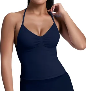 Yoga Tops for Women Built in Bra Summer Halter Backless V Neck Shelf Bra Camis Yoga Shirts Gym Workout Tops Undershirt