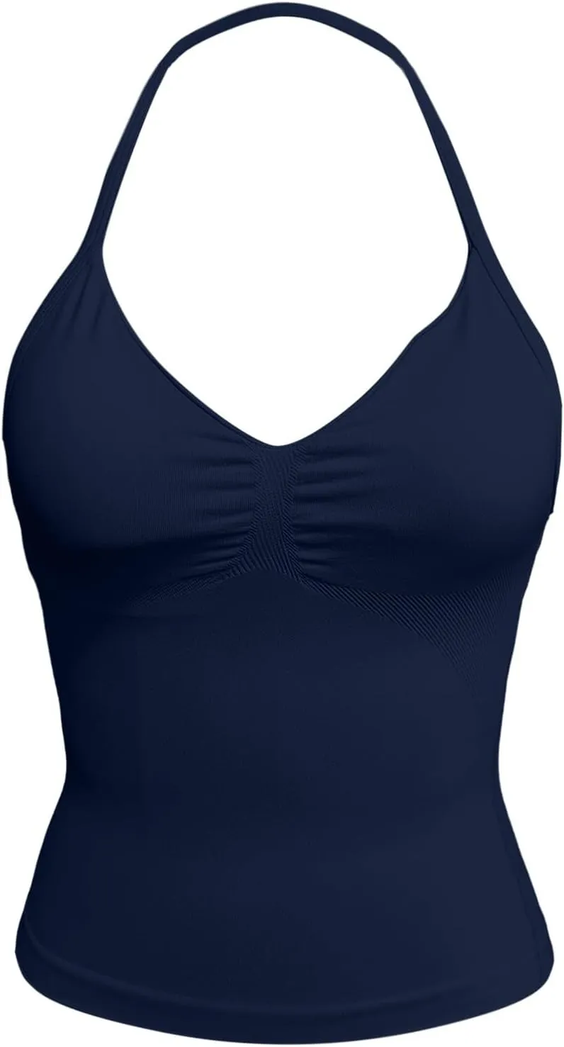Yoga Tops for Women Built in Bra Summer Halter Backless V Neck Shelf Bra Camis Yoga Shirts Gym Workout Tops Undershirt