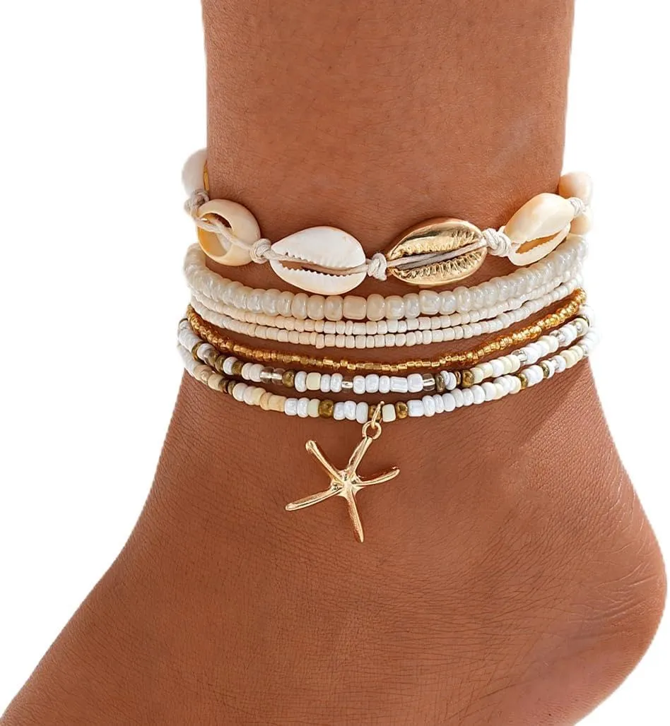 YWBMCYHPY Seashell Ankle Bracelets 7pcs Stackable Beach Shell Bracelet Set for Woman s, Boho Cowrie Seashell Starfish Bracelet Set,Cute Beaded Jewelry s for Friends, WBYW-AQ0527C-P5