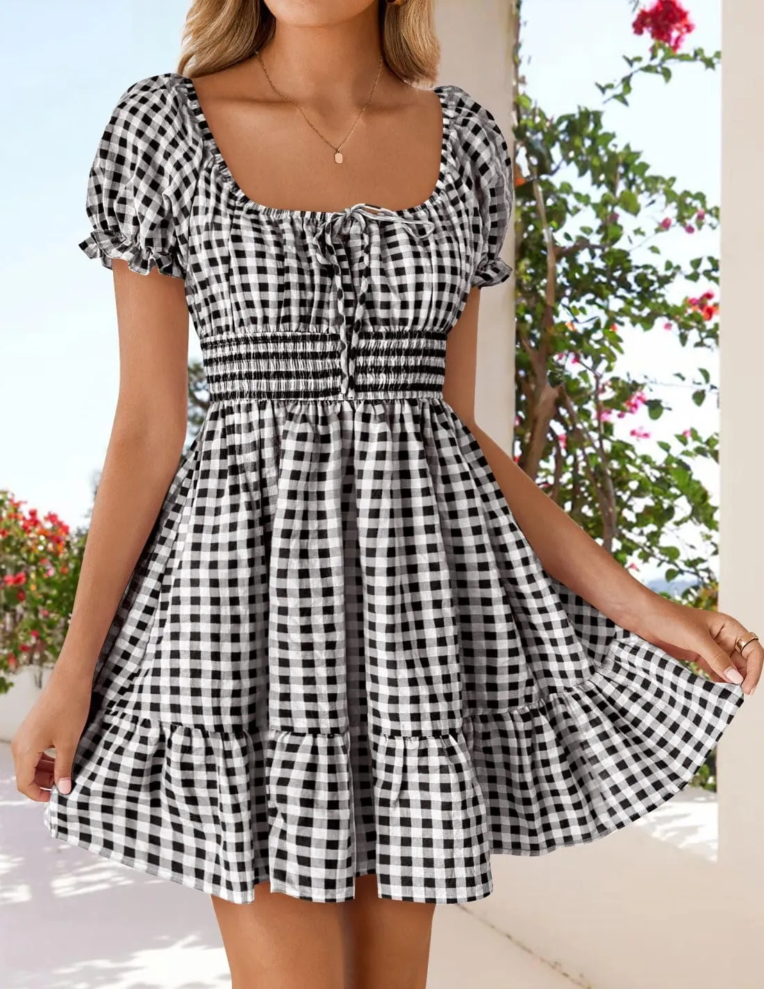 ZESICA Women's 2025 Summer Boho Plaid Mini Dress Square Neck Puff Short Sleeve Ruffle A Line Swing Short Dresses