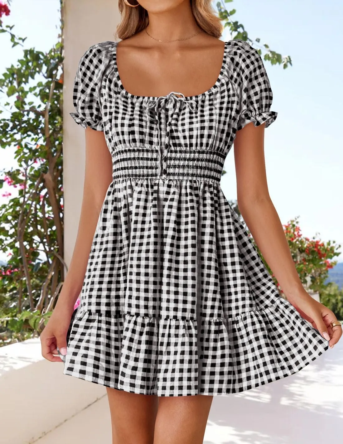 ZESICA Women's 2025 Summer Boho Plaid Mini Dress Square Neck Puff Short Sleeve Ruffle A Line Swing Short Dresses