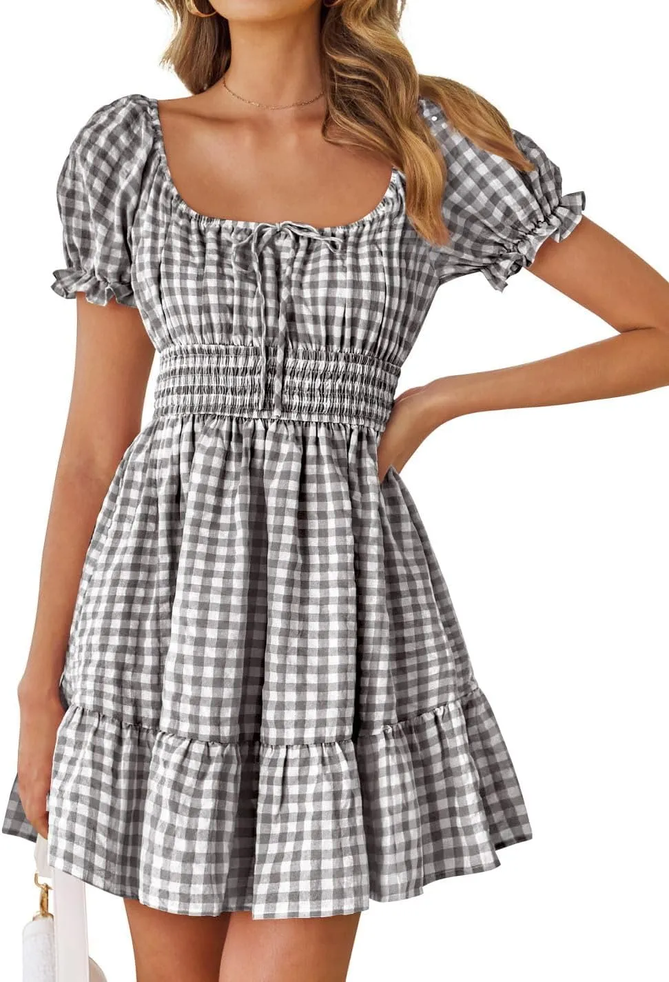 ZESICA Women's 2025 Summer Boho Plaid Mini Dress Square Neck Puff Short Sleeve Ruffle A Line Swing Short Dresses