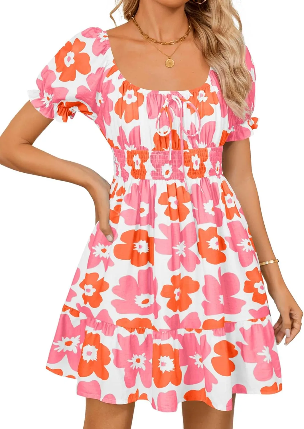 ZESICA Women's 2025 Summer Boho Plaid Mini Dress Square Neck Puff Short Sleeve Ruffle A Line Swing Short Dresses