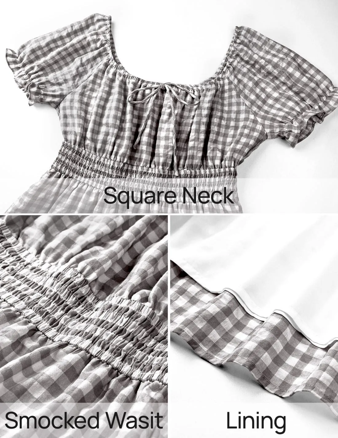 ZESICA Women's 2025 Summer Boho Plaid Mini Dress Square Neck Puff Short Sleeve Ruffle A Line Swing Short Dresses