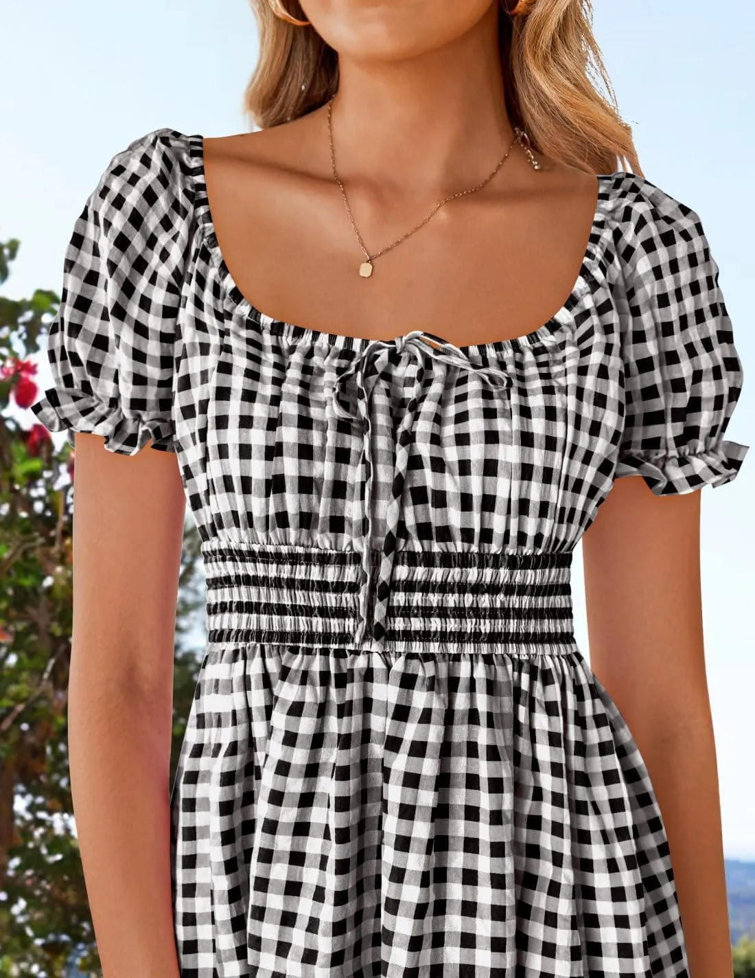 ZESICA Women's 2025 Summer Boho Plaid Mini Dress Square Neck Puff Short Sleeve Ruffle A Line Swing Short Dresses
