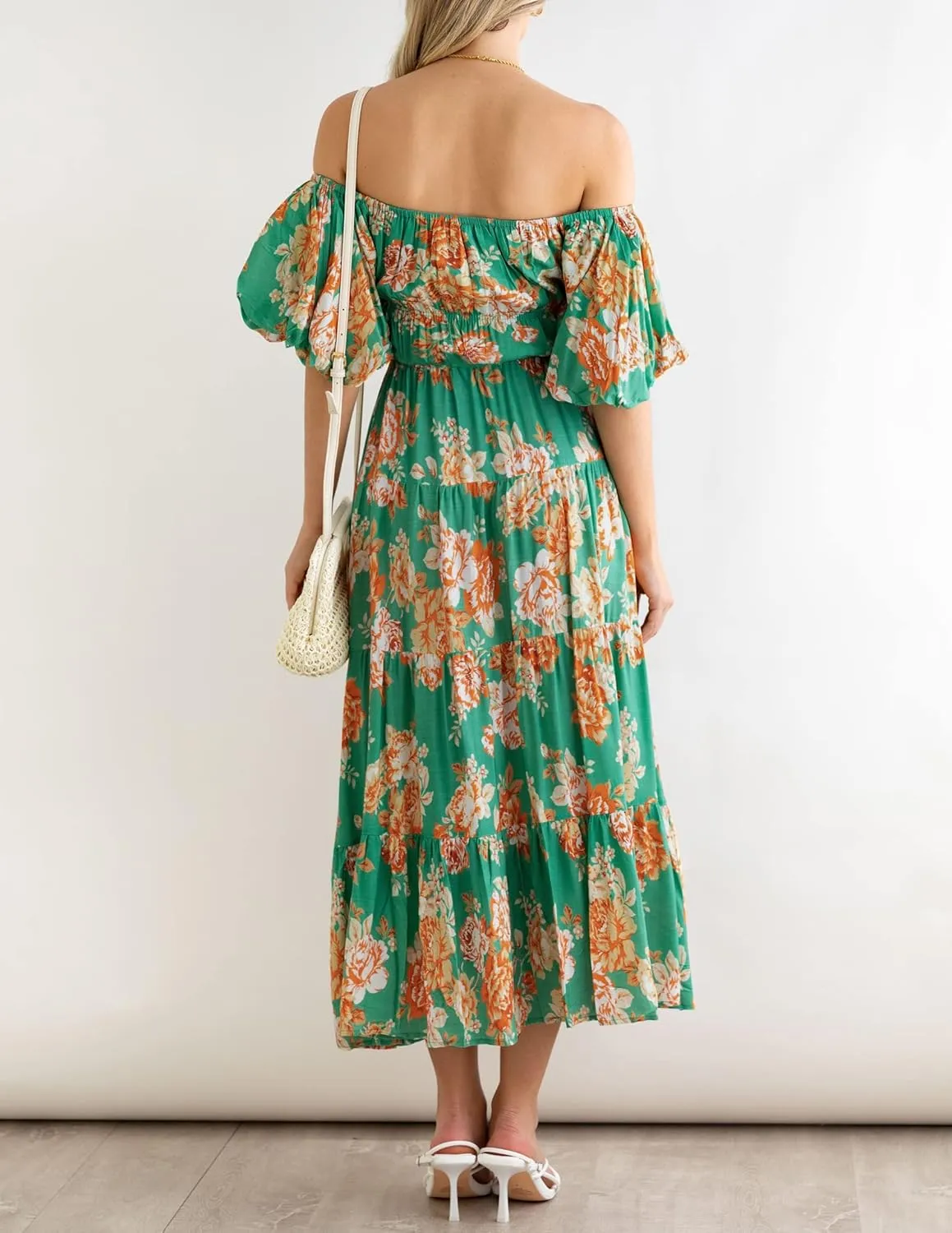 ZESICA Women's Sexy Boho Off Shoulder Puff Short Sleeve High Waist Ruffled Flowy A Line Beach Party Midi Dress