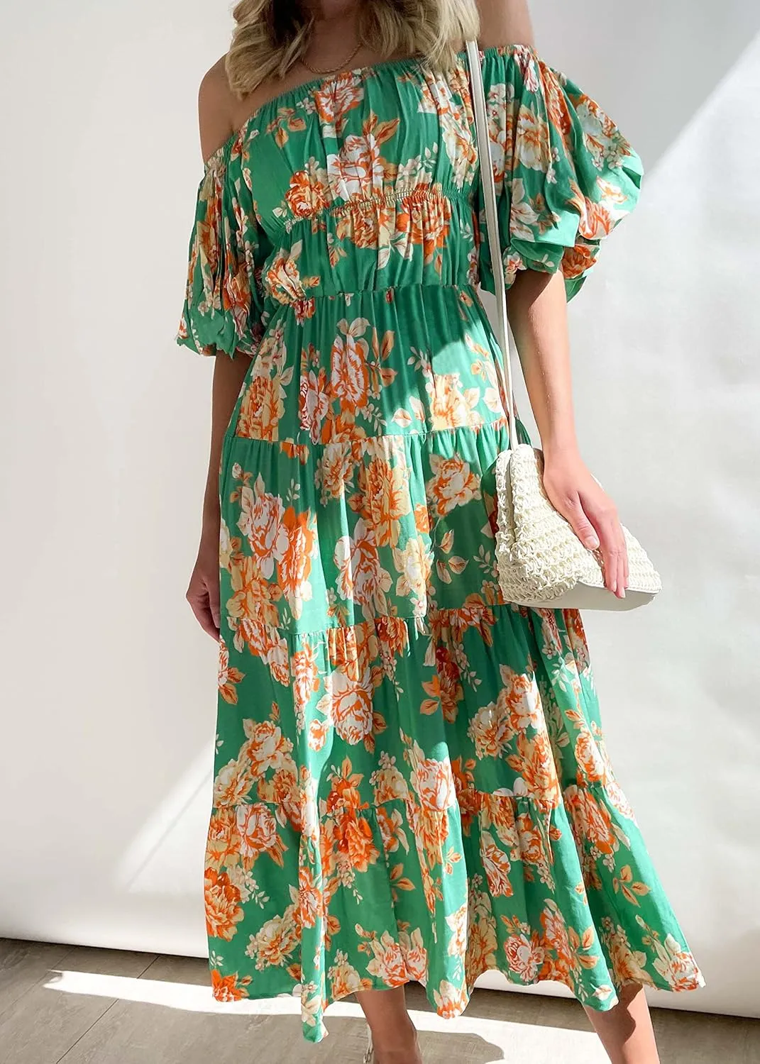 ZESICA Women's Sexy Boho Off Shoulder Puff Short Sleeve High Waist Ruffled Flowy A Line Beach Party Midi Dress