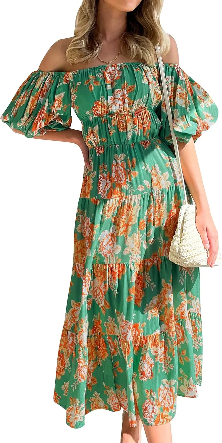 ZESICA Women's Sexy Boho Off Shoulder Puff Short Sleeve High Waist Ruffled Flowy A Line Beach Party Midi Dress
