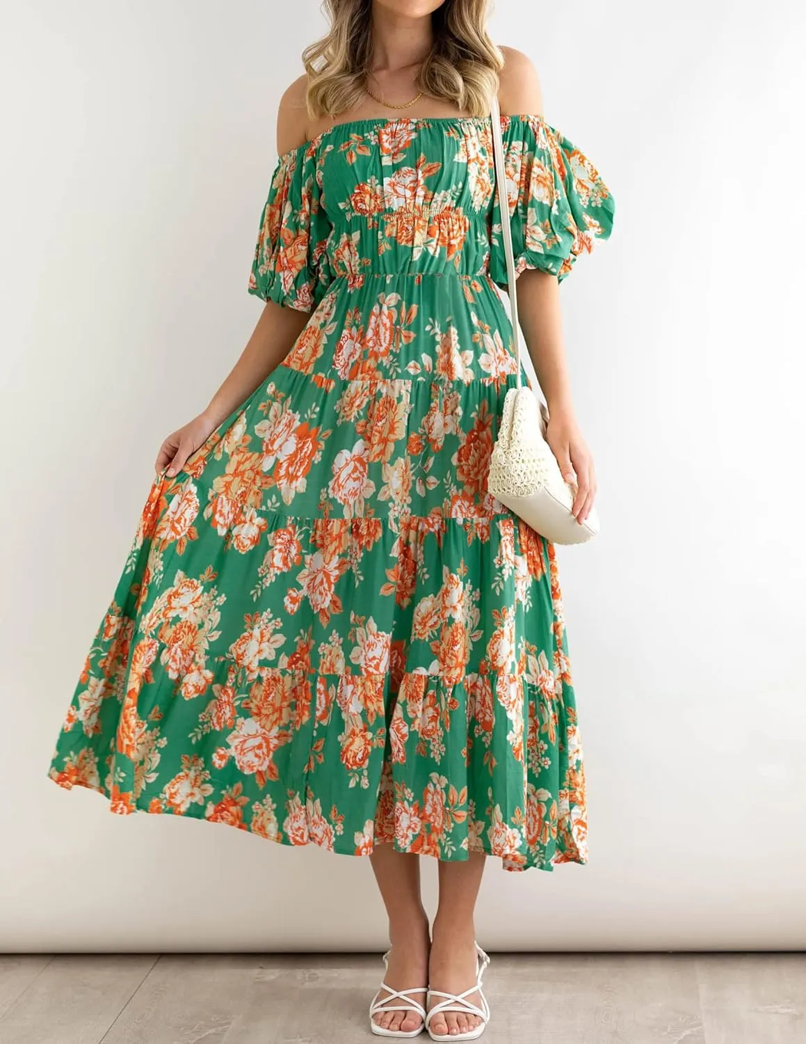 ZESICA Women's Sexy Boho Off Shoulder Puff Short Sleeve High Waist Ruffled Flowy A Line Beach Party Midi Dress