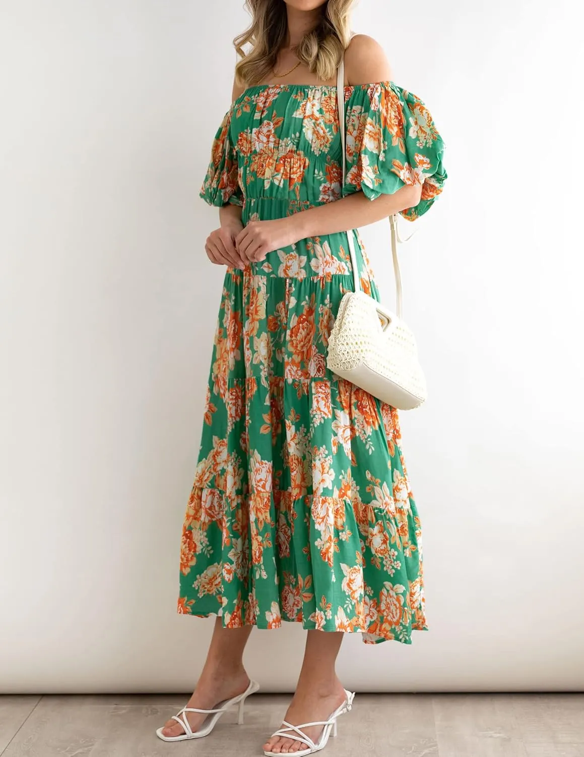 ZESICA Women's Sexy Boho Off Shoulder Puff Short Sleeve High Waist Ruffled Flowy A Line Beach Party Midi Dress