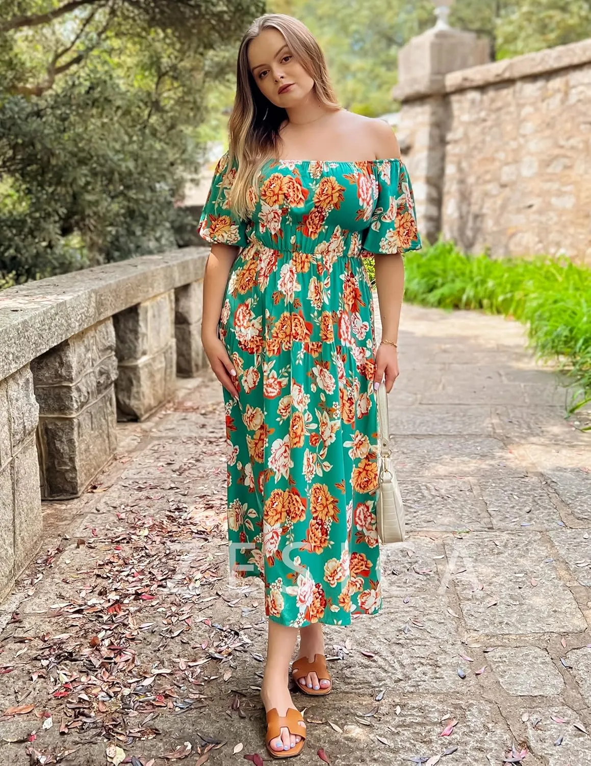 ZESICA Women's Sexy Boho Off Shoulder Puff Short Sleeve High Waist Ruffled Flowy A Line Beach Party Midi Dress