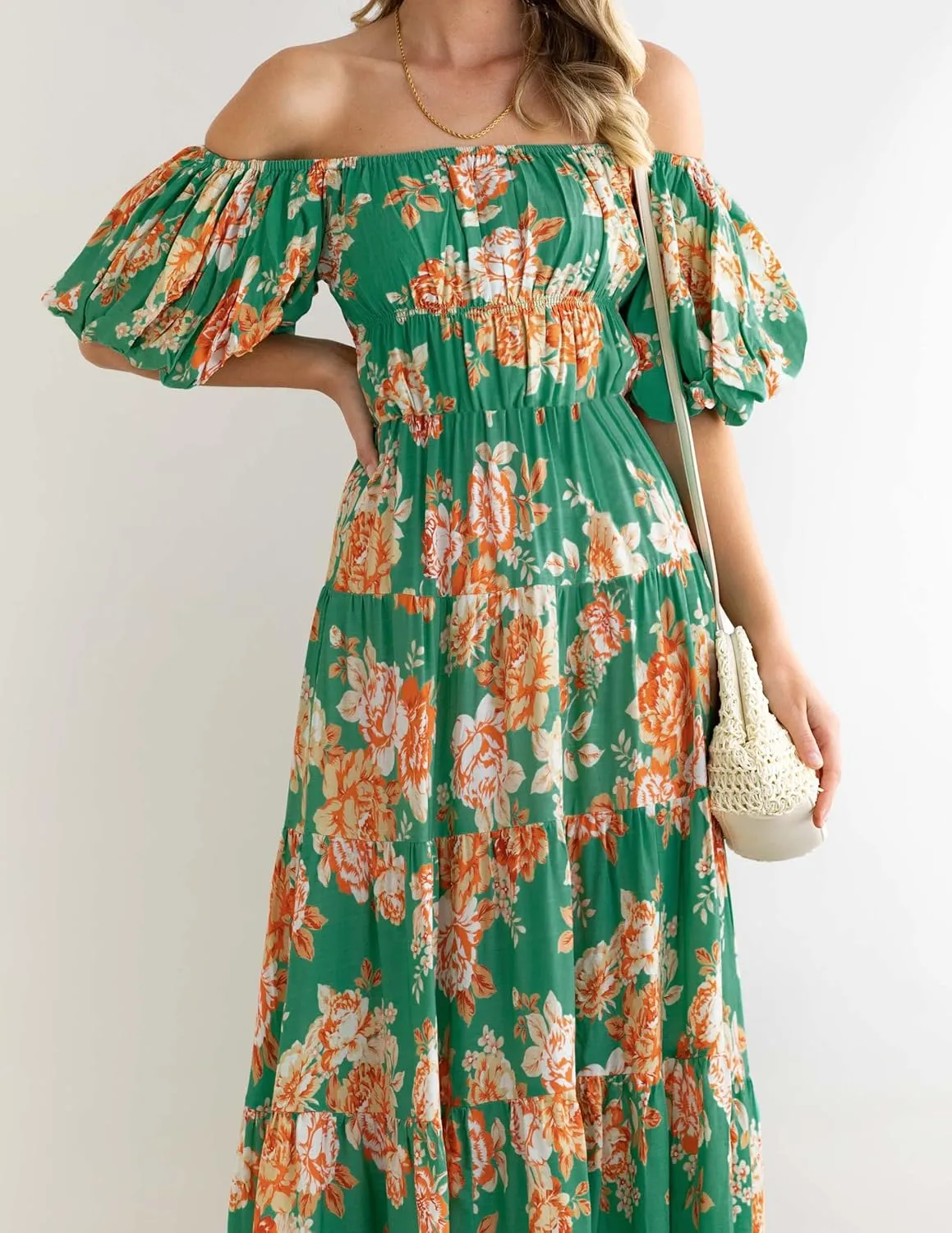 ZESICA Women's Sexy Boho Off Shoulder Puff Short Sleeve High Waist Ruffled Flowy A Line Beach Party Midi Dress