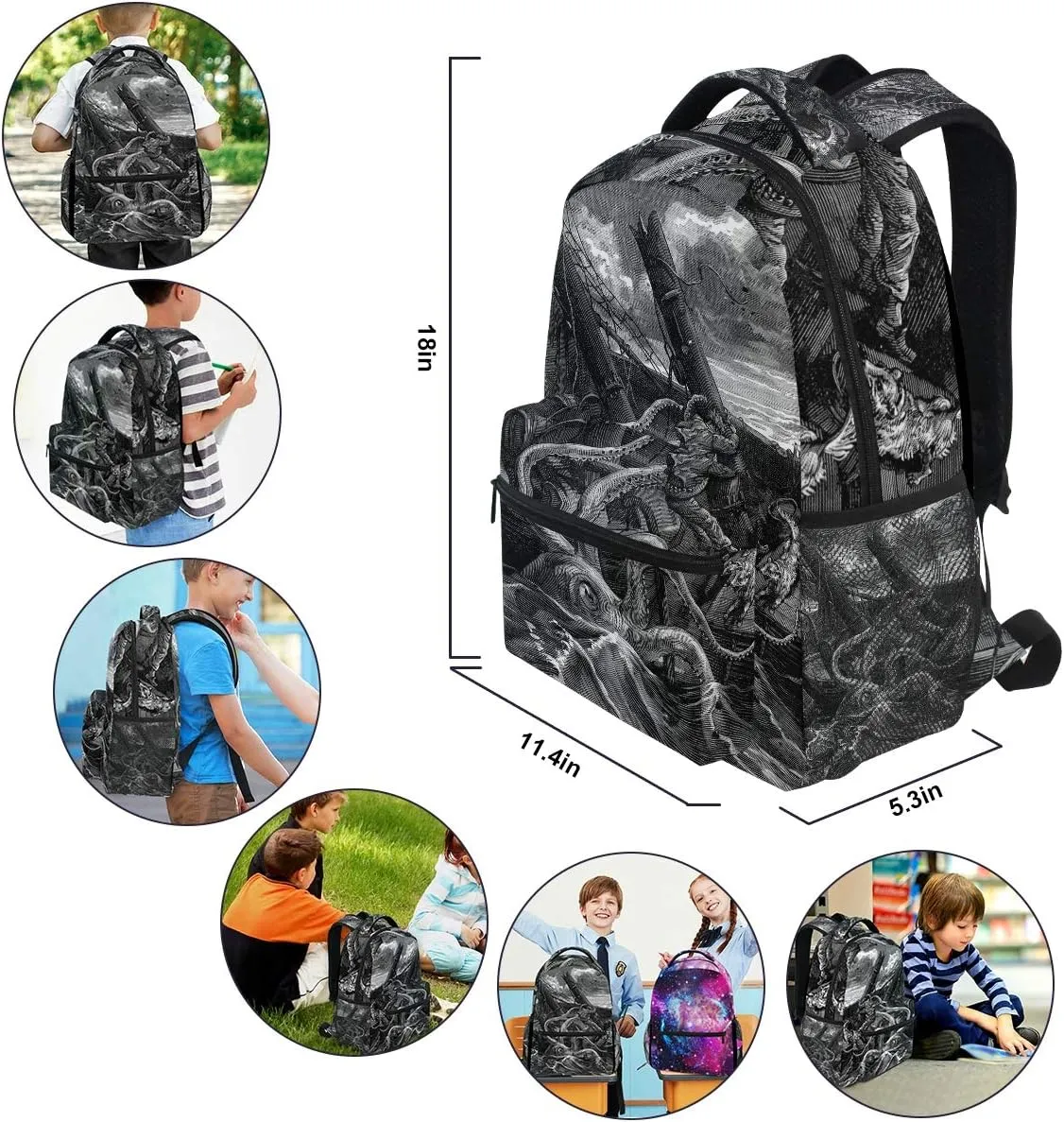 ZZKKO Sea Monster Kraken Black and White Boys Girls School Computer Backpacks Book Bag Travel Hiking Camping Daypack