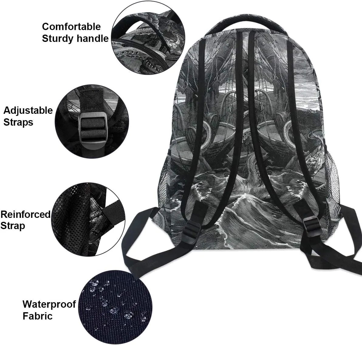 ZZKKO Sea Monster Kraken Black and White Boys Girls School Computer Backpacks Book Bag Travel Hiking Camping Daypack